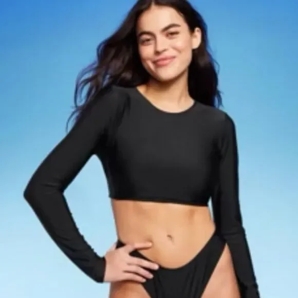 Wild Fable Black Lace-Up Back Long Sleeve Cropped Swim Rash Guard Large NWT - Picture 3 of 7
